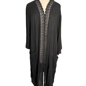 Time & True Black Cardigan Duster L-XL Gauze Goth Pockets Open Front Baggy